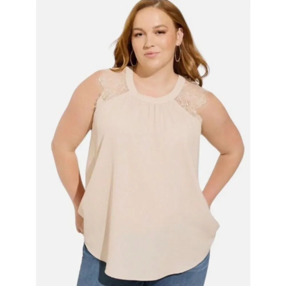 EUC torrid Cream Studio Crepe De Chine Lace Trim Blouse Sleeveless Top - Size 0